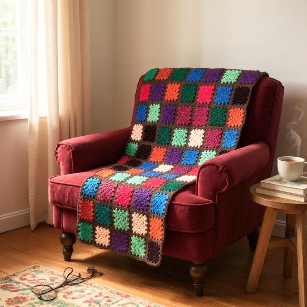 Granny Square Handmade Crochet Throw Brown Multi Chunky Funky Bohemian‎ Vintage